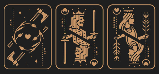 Set of playing card king, queen, ace. Vector illustration. Esoteric, magic Royal playing card king, queen, ace design collection. Minimalist style - 629448209