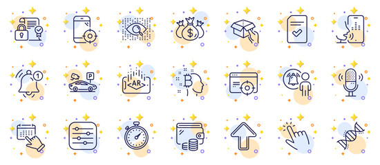 Outline set of Event click, Chemistry dna and Bitcoin think line icons for web app. Include Hold box, Artificial intelligence, Checked file pictogram icons. Wallet, Augmented reality. Vector