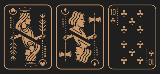 Set of playing card 10, queen, jack. Vector illustration. Esoteric, magic Royal playing card 10, queen, jack design collection. Minimalist style