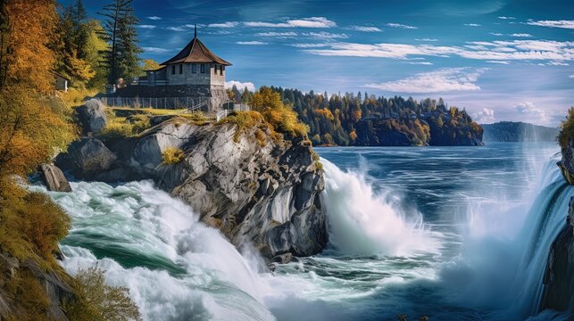 Aerial view of the Swiss Rheinfall from above, generated by AI