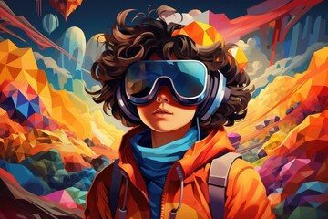 Boy wearing VR headset user, surreal world and virtual reality, colorful flowers fields. Generative AI