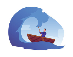 Business man sailing forward on huge wave, risk management, strategy in financial crisis storm vector flat illustration