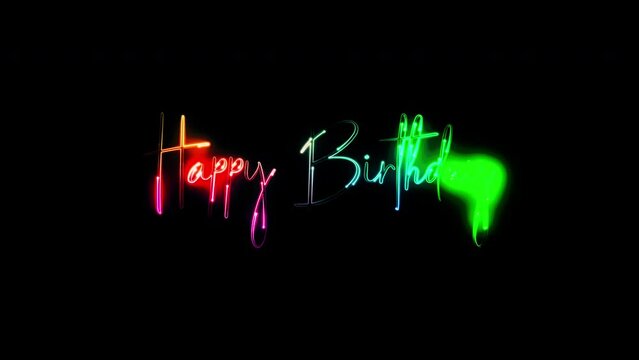 Happy Birthday glow colorful neon laser text animation glitch effect on black abstract background.