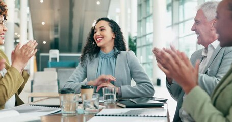 Business people, high five and applause in meeting for success, teamwork or promotion at the office. Employees clapping for woman, team achievement or winning in congratulations at the conference
