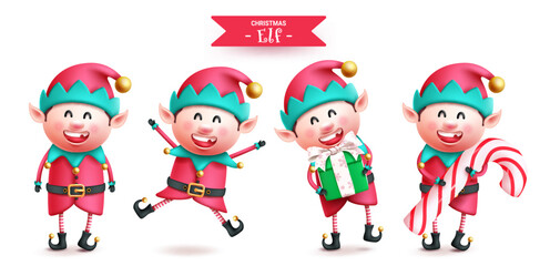 Christmas elf characters vector set design. Christmas elves character holding candy cane and gift giving standing poses. Vector illustration elf character collection.
