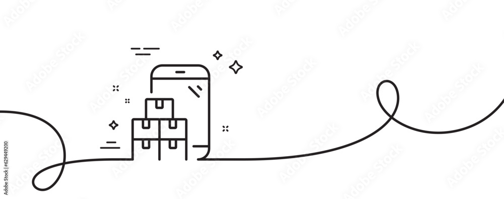 Poster mobile inventory line icon. continuous one line with curl. wholesale app sign. warehouse boxes symbo