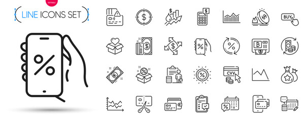 Pack of Accounting, Loan percent and Change money line icons. Include Diagram chart, Discounts calendar, Wallet pictogram icons. Payment, Sale, Rise price signs. Discount, Discounts app. Vector
