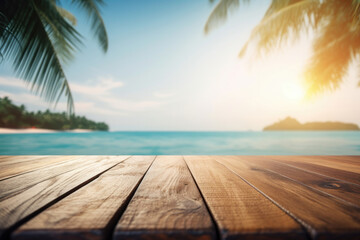 Fototapeta premium A wooden table with a stunning beach view of a paradise resort, perfect for relaxation and vacation. Generative AI.