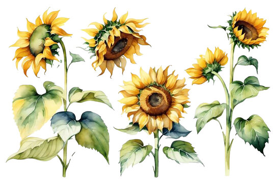 Watercolor sunflower bouquets with green leaves clipart  illustration transparent background, PNG  Generative AI