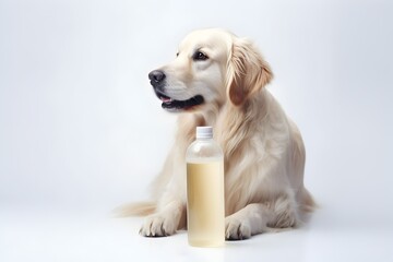 golden retriever puppy with dog shampoo