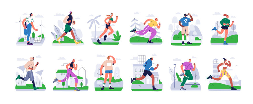 Jogging, running people set. Active healthy runners, joggers training in city park, nature. Sport men, women, athletes exercising outdoors. Flat vector illustrations isolated on white background