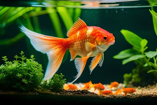 a photography of goldfish in an aquarium with green plants