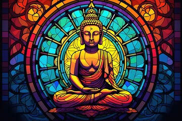 Obraz premium Illustration in stained glass style with buddha statue on colorful background.Generative Ai