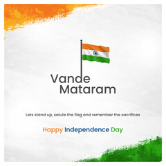 Independence Day, India, August 15, Vande Mataram Typography in English Language. Social Media Creative Vector Design template