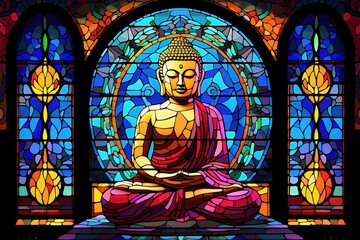 Illustration in stained glass style with buddha statue on colorful background.Generative Ai