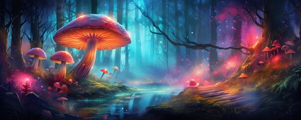 Magic mushroom pattern in fairy tale woods, nature wallpaper, panorama. Generative Ai.