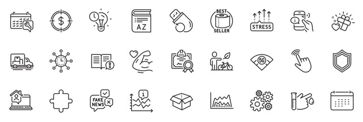 Fototapeta na wymiar Icons pack as Dollar target, Flash memory and Strong arm line icons for app include Eco bike, Open box, Blood donation outline thin icon web set. Puzzle, Love gift, 5g wifi pictogram. Vector