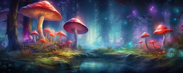 Magic mushroom pattern in fairy tale woods, nature wallpaper, panorama. Generative Ai.