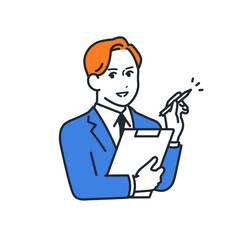 ヒアリングをする若いビジネスマンのシンプルなベクターイラスト素材