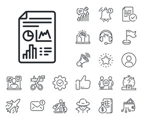 Column graph sign. Salaryman, gender equality and alert bell outline icons. Report document line icon. Growth diagram, pie chart symbol. Report document line sign. Vector