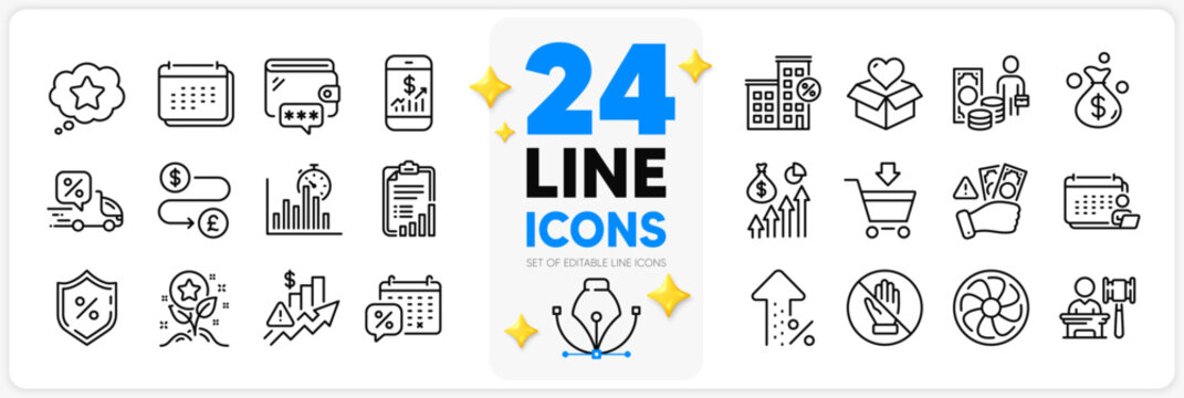 Icons set of Loyalty star, Mobile finance and Increasing percent line icons pack for app with Report timer, Checklist, Rise price thin outline icon. Accounting, Delivery discount. Vector