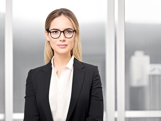 Young smiling businesswoman, standing in blur background of office. generative AI