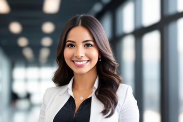 Fototapeta premium Young smiling businesswoman, standing in blur background of office. generative AI
