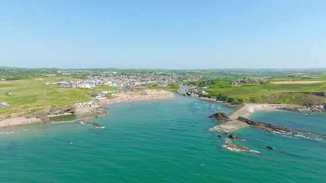 Aerial view of Bude Bay, from left the beaches Crooklets Beach, Bude Seapool, Summerleaze Beach, North Cornwall, England, Great Britain
