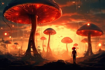 Magic mushroom in the sunny forest with a little boy standing next. Generative Ai. - obrazy, fototapety, plakaty