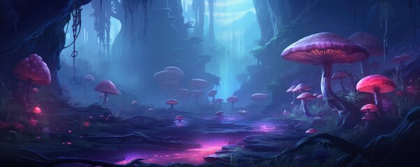 Magic mushroom pattern in fairy tale woods, nature wallpaper, panorama. Generative Ai. - obrazy, fototapety, plakaty