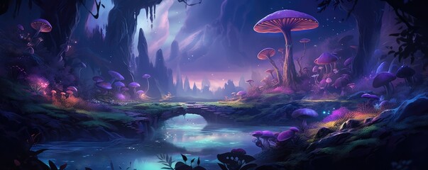 Magic mushroom pattern in fairy tale woods, nature wallpaper, panorama. Generative Ai. - obrazy, fototapety, plakaty
