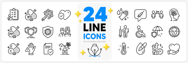 Icons set of Umbrella, Volunteer and Shields line icons pack for app with Checklist, Thermometer, Life insurance thin outline icon. Doctor, Cobalamin vitamin, Insurance policy pictogram. Vector