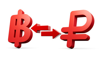 3d Red Baht And Ruble Symbol Icons With Money Exchange Arrows On White Background 3d illustration