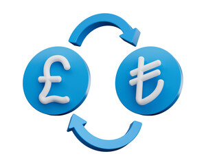 3d White Pound And Lira Symbol On Rounded Blue Icons With Money Exchange Arrows, 3d illustration