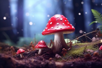 Magic mushroom pattern in fairy tale woods, nature wallpaper. Generative Ai. - obrazy, fototapety, plakaty