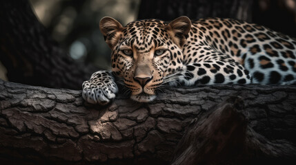 Portrait of a leopard lying on a branch. Generative AI.