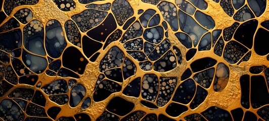 Gold kintsugi on black for luxury, irregular organic forms, luminous, intricate metal webs, glass fragments art, glossy gold pattern of stone, mosaic. Structure grid.