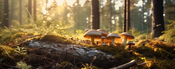 Fresh healthy mushroom in green sunny coniferous forest, panorama. Generative Ai.