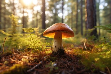 Fresh healthy mushroom in green sunny coniferous forest. Generative Ai. - obrazy, fototapety, plakaty