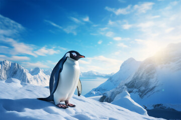 Fototapeta premium penguin in the snow with mountains in the background ai generative