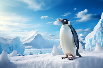 Obraz premium penguin in the snow with mountains in the background ai generative