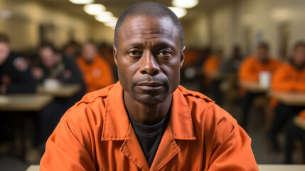 Portrait of a black man prisoner in an orange uniform in a prison.