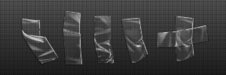 Plastic transparent duct tape paper sticker vector. Glue strip realistic sellotape texture overlay. 3d isolated sticky crumpled cellophane set. Used cut rectangle scotch cross piece mock up template © klyaksun