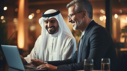 Two businessmen people working and discussing. Arab man and caucasian.