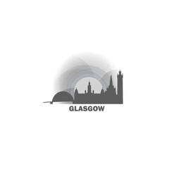  UK Scotland Glasgow cityscape skyline capital city panorama vector flat modern logo icon. United Kingdom West Central emblem idea with landmarks and building silhouettes at sunset sunrise