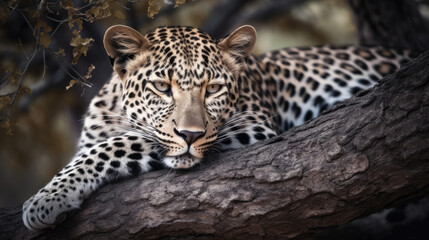 Portrait of a beautiful leopard cat lying on a wooden branch. Generative AI.