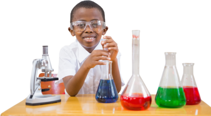 Digital png photo of african american shool boy with lab flasks on transparent background