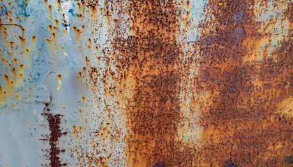 Rusty metal wall, old sheet of iron covered with rust with multi-colored paint