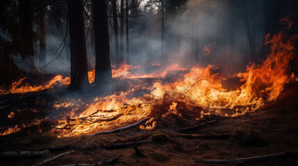 Big forest fire with a lots of orange flames on the ground. Generative AI.