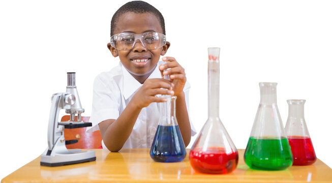 Digital png photo of african american shool boy with lab flasks on transparent background